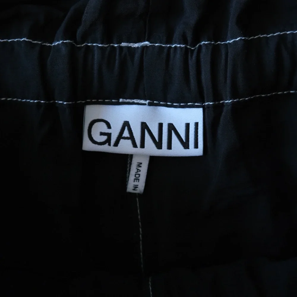 Ganni Wide-Leg Drawstring Cargo Pants Black Contrast Stitch Size 34 Utility
